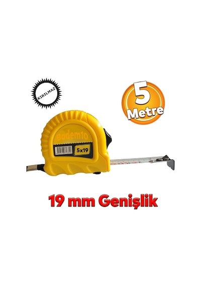 Şerit Metal Bükülebilir Metre 5 Metre En 19 Mm Düğmeli Ölçüm Ölçme Plastik Kasalı Yüksek Kalite Diğer