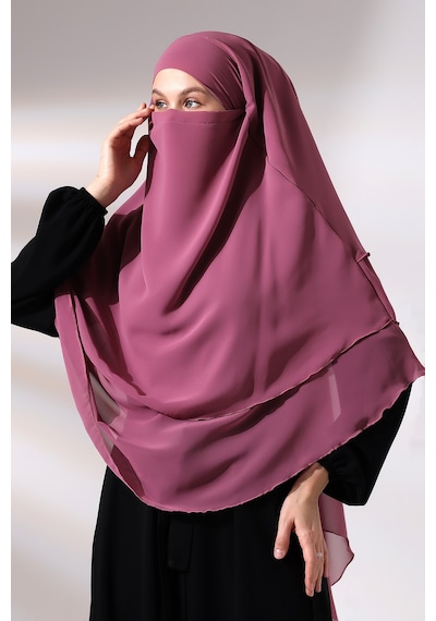Pembe Üç Katlı Peçeli Kısa Şifon Tesettür Sufle Eşarp