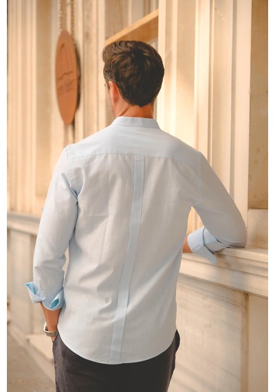 Hakim Yaka Slim Fit Keten Hediye Kutulu Erkek Gömlek Fs-003042 - Mavi-2194 MAVİ