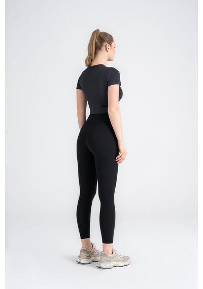 Kadın Antrasit Crop T-shirt Kısa Kollu, Bisiklet Yaka, Tüylenme Siyah