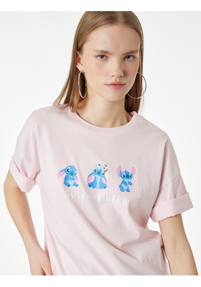 Koton Stitch Lisanslı Kısa Kollu Bisiklet Yaka Arkası Baskılı Tişört Pembe 6sal10109ık Gül