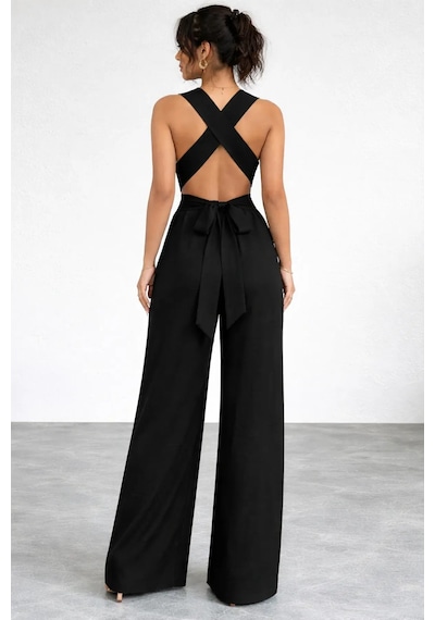 Meridefashion Kadın Askılı Halka Detaylı Arkadan Çapraz Yazlık Tulum L/xl Siyah