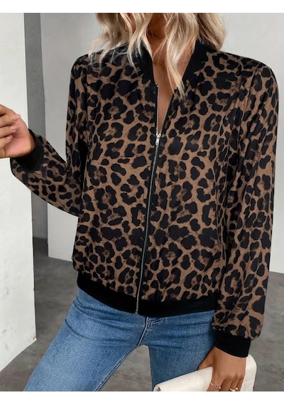 Efnaz Style Kadın Uzun Kollu Önden Fermuarlı Modal Ceket Leopar