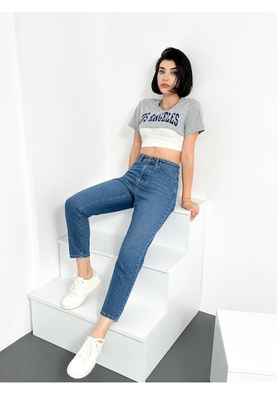 Açık Mavi Kadın Mom Jean Yüksek Bel Kot Pantolon Anna Model 001