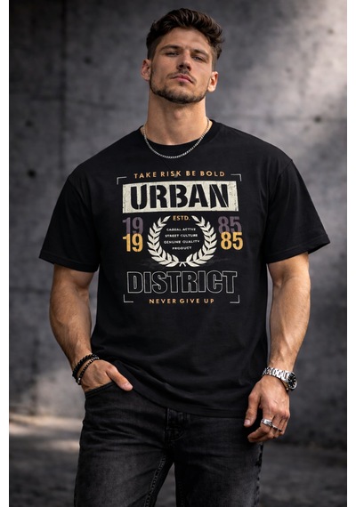 Herkesemoda Dıstrict Yazı Detaylı Basic T-shirt Siyah