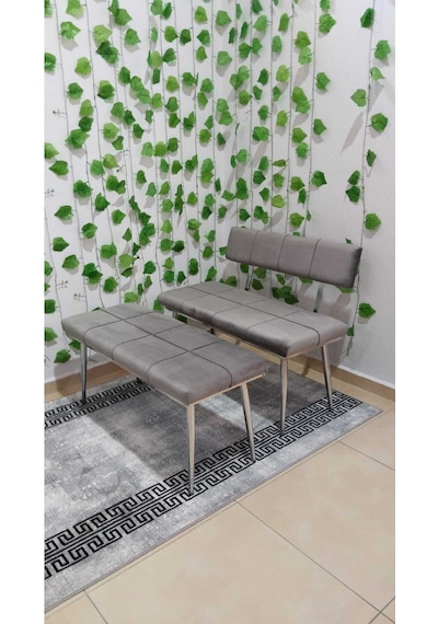 Özcan Metal Krom Metal Ayaklı Bench Sırtlı Mutfak Salon Antre Yatak Odası Puf Bank Oturak Takımı Açıkgri