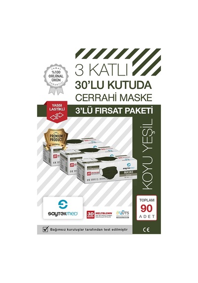 Saytekmed Meltblown Filtreli, Yassı İpli, 3 Katlı Koyu Yeşil Maske (90 Adet/3 Kutu)