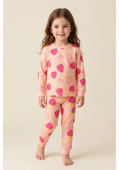 Zuzunga Kız Çocuk Strawberry - Çilek Desenli Uzun Kollu Pijama Takımı Pembe