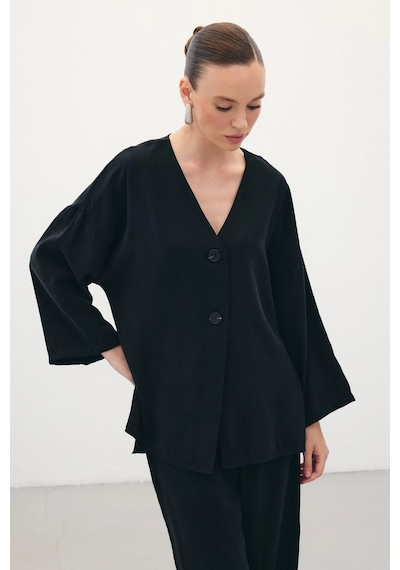 Sateen Düğmeli Kimono - Siyah Siyah