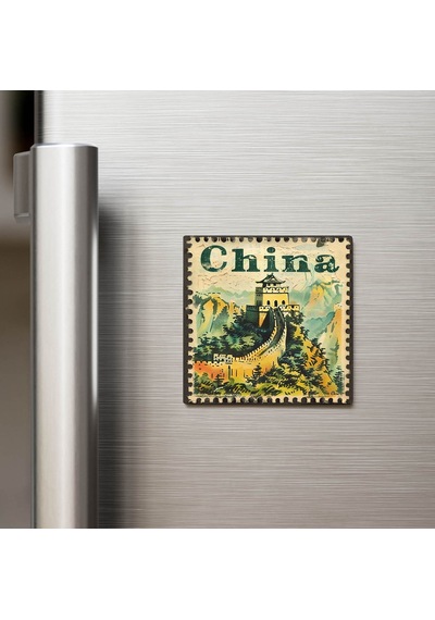 Çin China - Posta Pulu Temalı Ülke - Baskılı Buzdolap Magneti Kare - 9x9 Cm