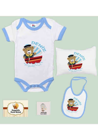 BK Kids Kişiye Özel İsimli 5 Parça Mavi Bebek Body Zıbın Yastık H