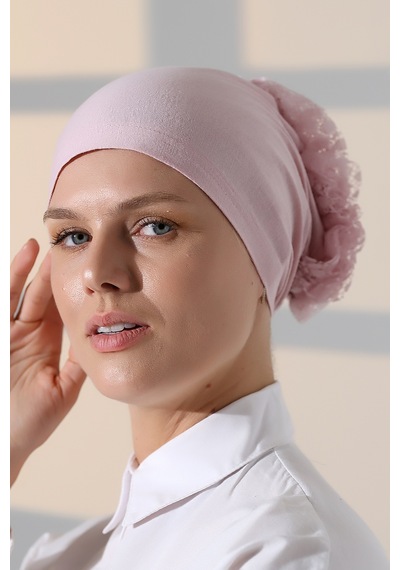 Kadın Fırfırlı Güpürlü Tesettür Topuz Bone - Pembe Pembe