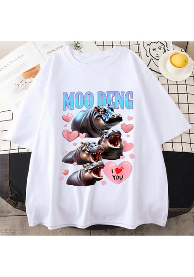 Flood Of Style Komik I Love Moo Deng Sevimli Bebek Hippo Sevgilisi Meme T Shirt Erkek Kadın Moda Gotik Rahat Beyaz