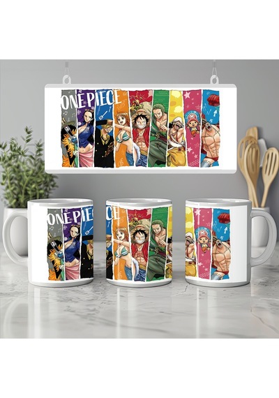 One Piece Karakterleri Kupa Bardak - Anime Ekip Tasarımı - Renkli Şerit Desenli Model Beyaz