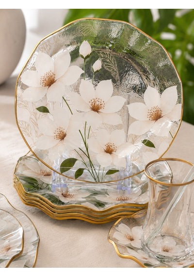 30 Parça Flora Elegance Servis Pasta Çay Takımı Gold-5408 Şeffaf