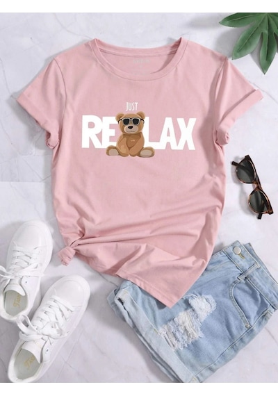 Relax Bear Süprem T-shirt - Pembe Baskılı Oversize Bisiklet Yaka Tişört Pembe-78912