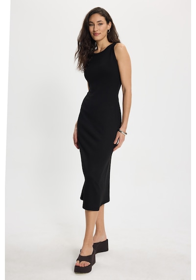 Tudors Kadın Slim Fit Dar Kesim Pamuklu Sıfır Kol Bisiklet Yaka Siyah Elbise-50479