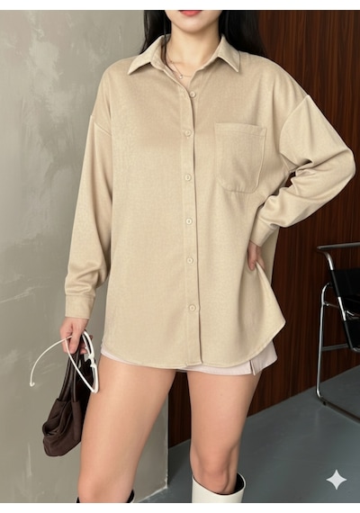 Ribana Classic Kadın Oversize Süet Büyük Beden Uzun Kollu Düğmeli Tek Cepli Gömlek 4962 Bej Ribana Classic Kadın Oversize Süet Büyük Beden Uzun Kollu Düğmeli Tek Cepli Gömlek 4962 Bej