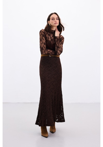 Sateen Dantelli Uzun Etek - Kahve-136890 Kahve