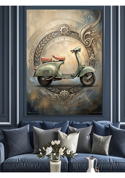 Eski Çerçevede Nostaljik Yeşil Vespa Dekoratif Kanvas - Mdf Ahşap Tablo