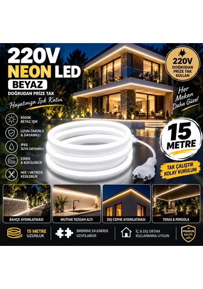 Borsan 15 Metre 6500k Beyaz Neon Led 220v Tak Çalıştır Ip65 Ultra Parlak Esnek Hortum Led Iç Dış Mekan Dekoratif Aydınlatma Montaj Aparatı Dahil 6500K - Beyaz Işık