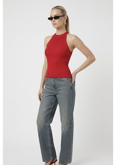 Neden Tekstil Kadın Taşlı Fitilli Halter Yaka Crop Bluz - Kırmızı