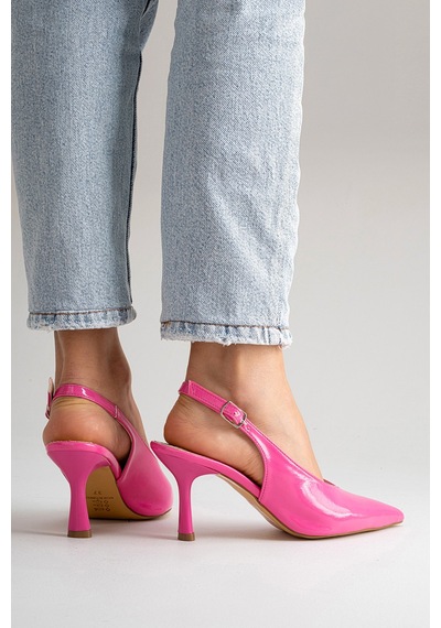 Esatsani Şeker Pembe Rugan Arka Açık 9 Cm İnce Topuklu Özel Günler Davet Stiletto Kadın Ayakkabı Pembe Rugan