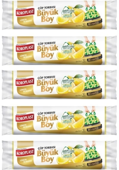 Koroplast Ekstra Güçlü Limon Büzgülü Büyük Boy 10Lu Çöp Torbası X 5 Paket