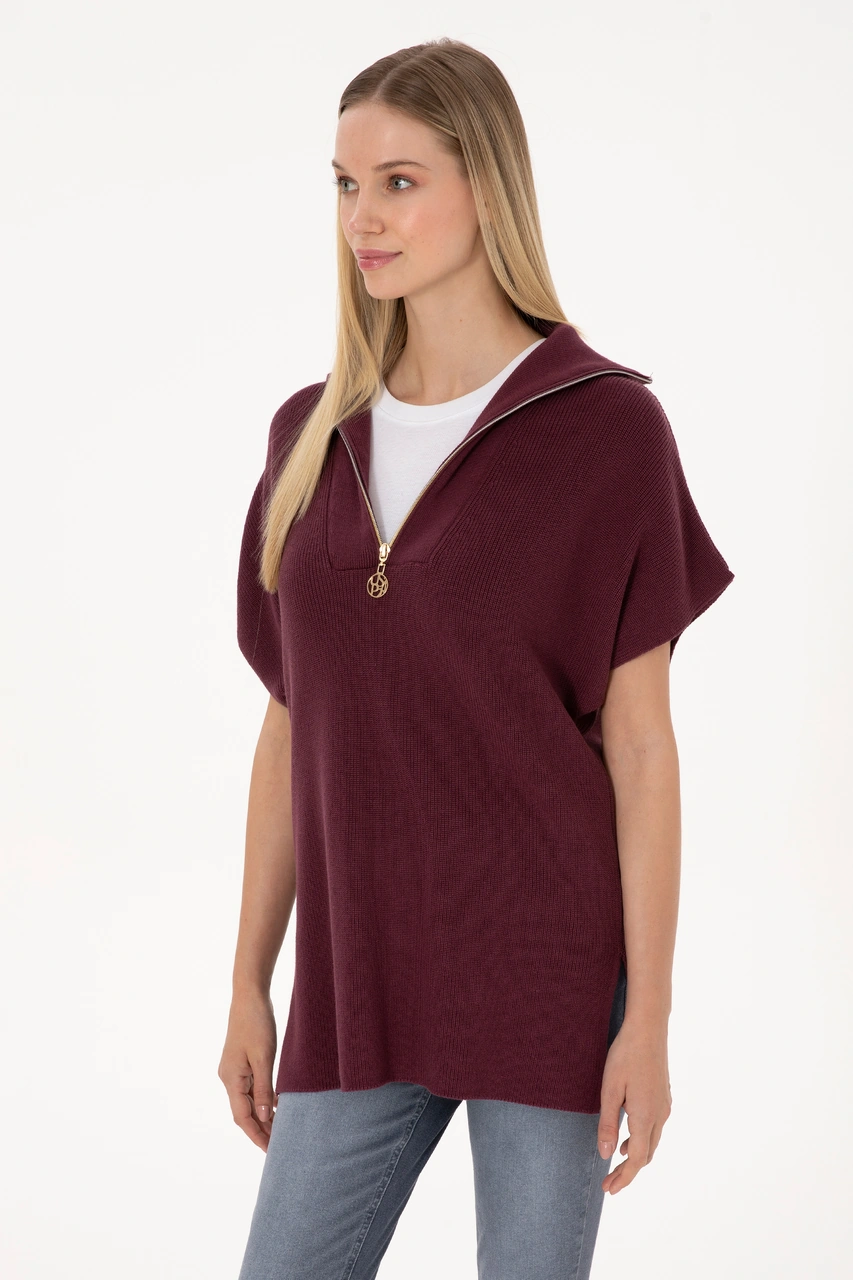 U.S. Polo Assn. Kadın Bordo V Yaka Fermuarlı Süveter 50317570-VR177