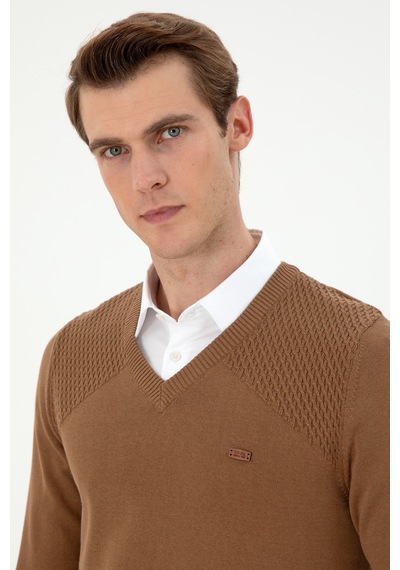 U.S. Polo Assn. Erkek Slim Fit V Yaka Haki Melanj Kazak 50297063-VR125