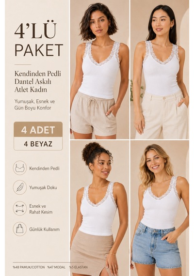 Loule Kadın 4'lü Dantel Detaylı Pedli Toparlayıcı Atlet Beyaz