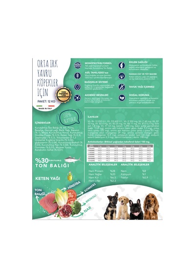 Exclusion Monoprotein Düşük Tahıllı Ton Balıklı ve Narlı Orta Irk Yavru Köpek Maması 12 KG