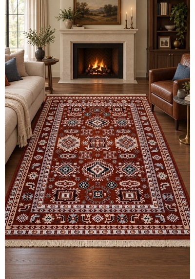 Sarpaz Otantik Kilim Anadolu Desenli Modern Salon Oturma Odası Kaymaz Taban Robot Süpürge Uyumlu Kolay Temizlenebilir Hali Kiremit