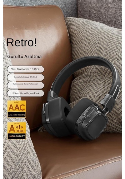 Retro Kablosuz Stereo Suni Deri Kafa Bluetooth Kulaklık Rgb Işık Extra Rahat Gürültü Azaltma Mt965 Siyah İle Uyumlu
