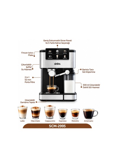 Siyah - Krom Espresso Kahve Makinesi 6 Farklı Kahve 1.5lt Su Hazne - 500ml Süt Hazne 1350w Scm-2995 Bx40 0.5mm Kenar Kalınlığı