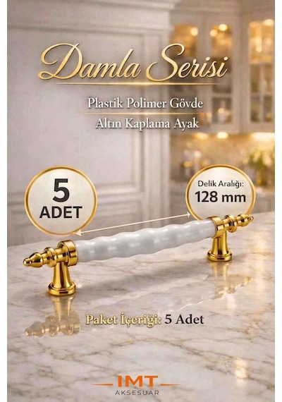 Damla Lüks Polimer Mobilya Kulpu 128 Mm Beyaz-altın 5 Adet Mutfak Dolabı Çekmece Vestiyer Kulpu Altın
