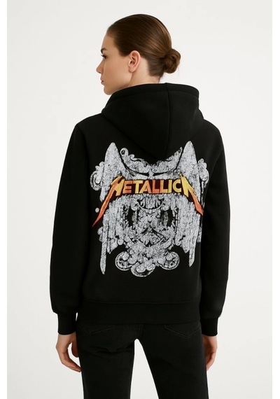 Suma Metallica İki İplik Kapüşonlu Ön Ve Arka Baskılı Hoodie - Siyah Sİyah