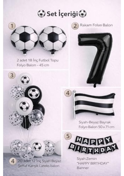 Siyah Beyaz 7 Yaş Futbol Temalı Doğum Günü Balon Seti Genel