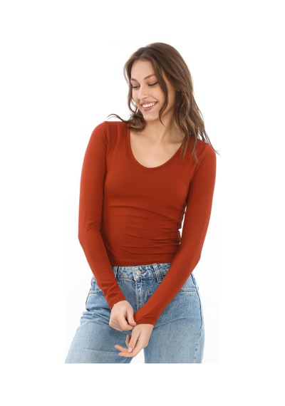 V Yaka Slim Fit Tişört-kiremit Kiremit