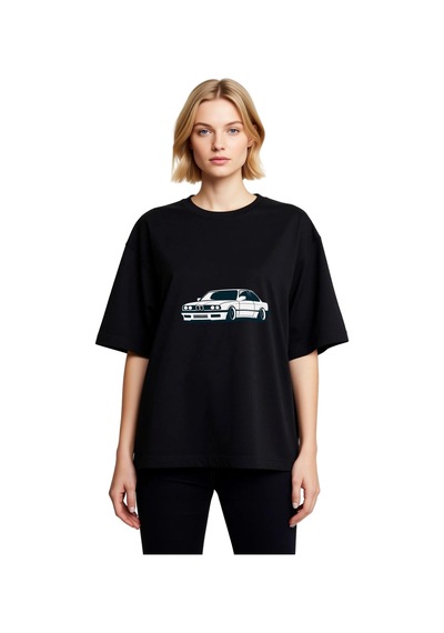 Paybuy Kadın Oversize Tişört Klasik Otomobil Tuning Sanat Baskısı Rahat Siyah