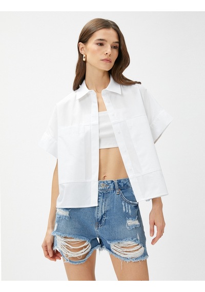Koton Crop Poplin Gömlek Kısa Kollu Pamuklu Kırık Beyaz 3sak60018pw 3SAK60018PW001 Ekru