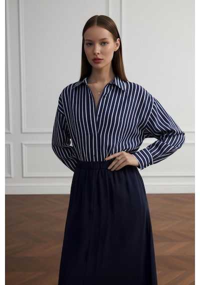 Pera Moda Oversize Çizgili Modal Gömlek Lacivert