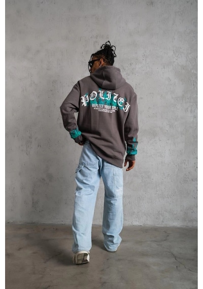 Erkek 3 İplik Pamuklu Alev Baskılı Kapüşonlu Hoodie Sweatshirt - Gri