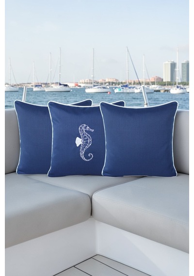 Kırlent Kılıfı 45x45 3'lü Set Marin Nakışlı Deniz Atı Desen Su İtici Outdoor Keten Tekne Bahçe Lacivert