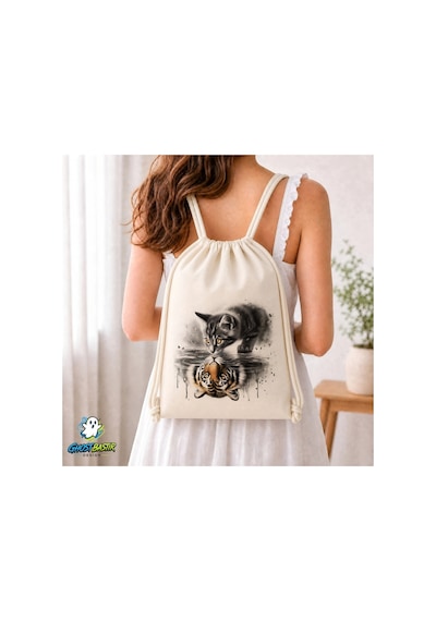 Ghostbastır Design Kaplan Kedi Büzgülü Keten Çanta C130 Bej