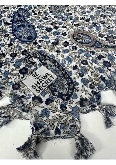 Shawl Secret Sökme Boncuklu Pamuk Yazma - 05868 İndigo