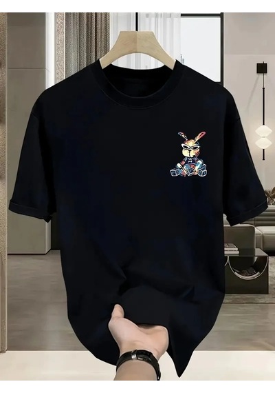 Erkek T-shirt Tavşan Baskılı Kısa Kollu Tişört - Siyah