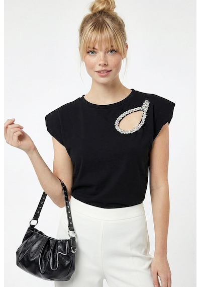 Shade Kadın Taş İşlemeli Vatkalı Omuz Detaylı Pamuk T-shirt 1075 60286066 - Siyah L