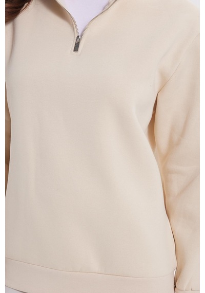 Tudors Kadın Relax Fit Rahat Kesim Pamuklu İçi Polarlı Yarım Fermuarlı Ekru Dik Yaka Sweatshirt-42196 Ekru