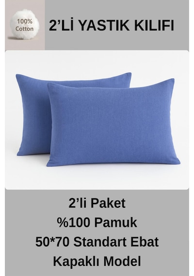 Oznhome %100 Pamuklu 2'li Yastık Kılıfı 50 70 Yastık Kılıfı Lacivert